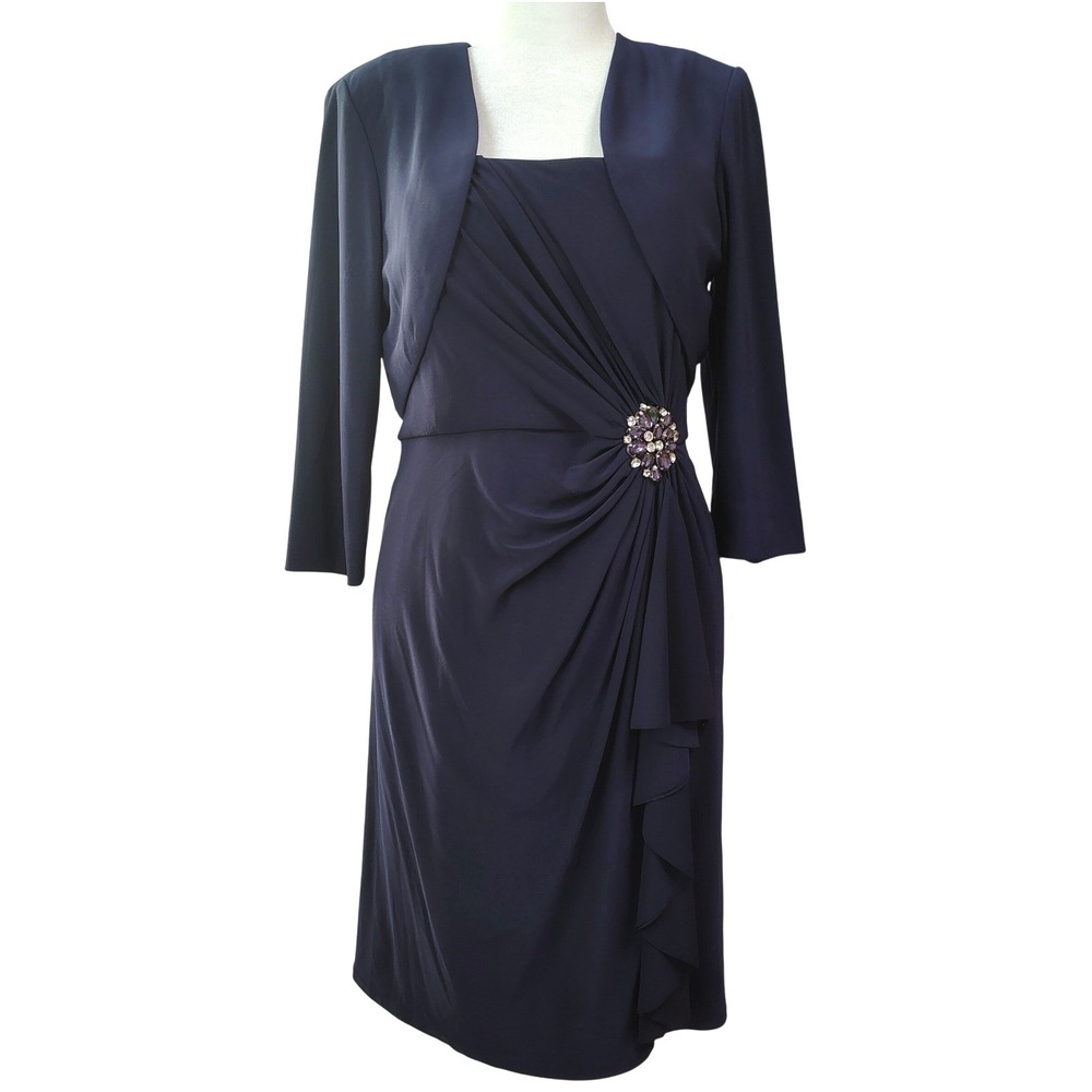 Jessica Howard Womens Dress 8P Petite Rhinestone Brooch Ruched Wedding Guest